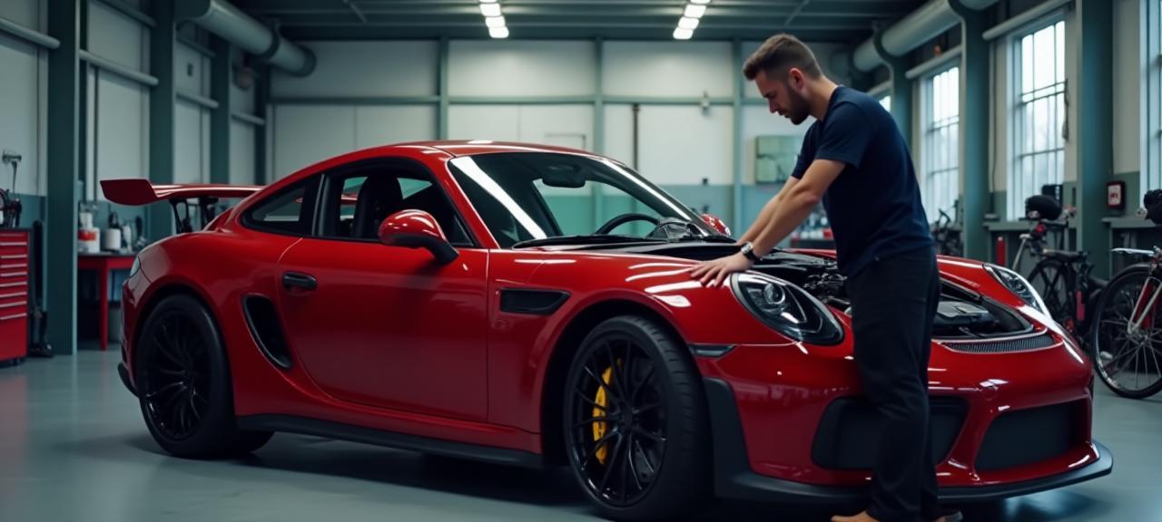 Professional technician working on a high-performance red sports car